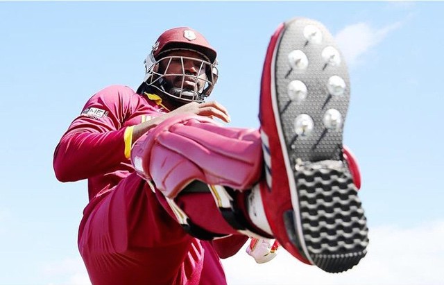 Chris Gayle (West Indies) showing off his brand new Custom Crickets Shoes